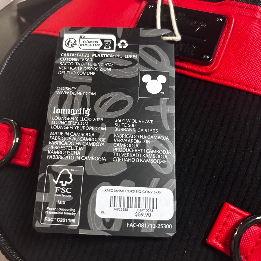 Disney Loungefly Mickey Mouse Minimalist Corduroy Convertible Backpack Black Red - Picture 5 of 7